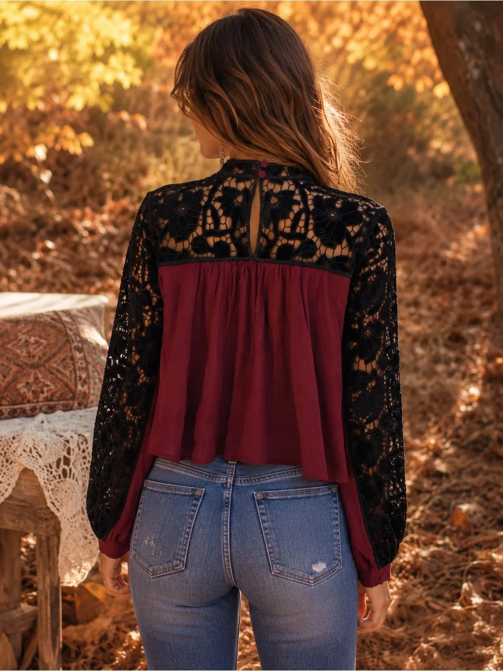 Free People Burgundy Black Velvet Lace Boho Crop Top XS Sz 2 Whimsigoth Romantic